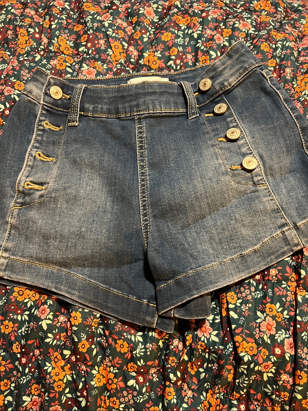 High-Rise Dark Blue Denim Sailor Button Shorts
